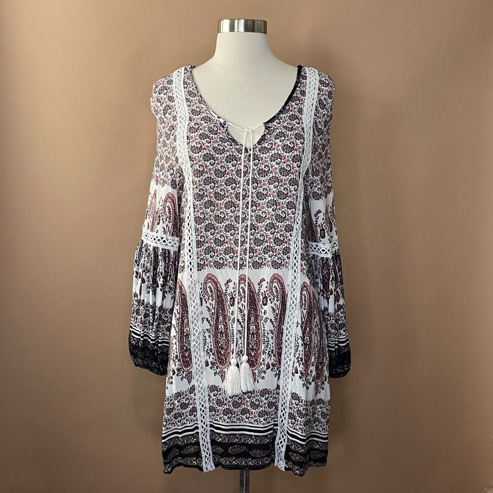 Zelzera Womens S Boho Paisley Mini Dress Crochet Tassel Balloon Sleeve Hippie